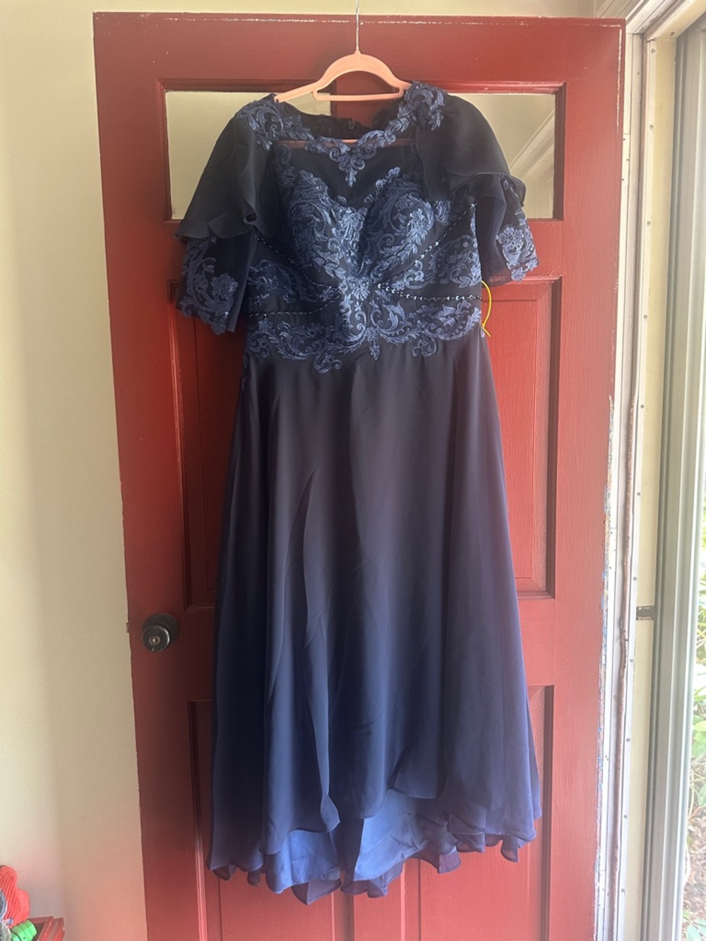 Navy Blue Lace Appliqué Maxi Dress with Capelet